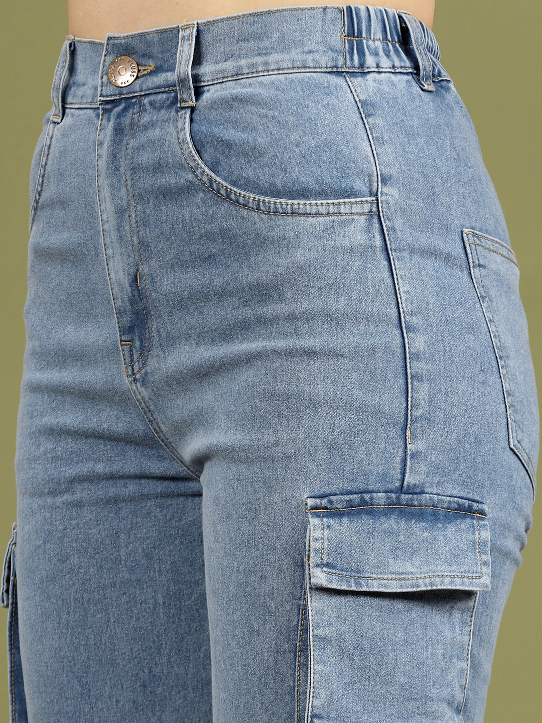 Women Blue High-Rise Clean Look Cotton Cargo Style Jeans