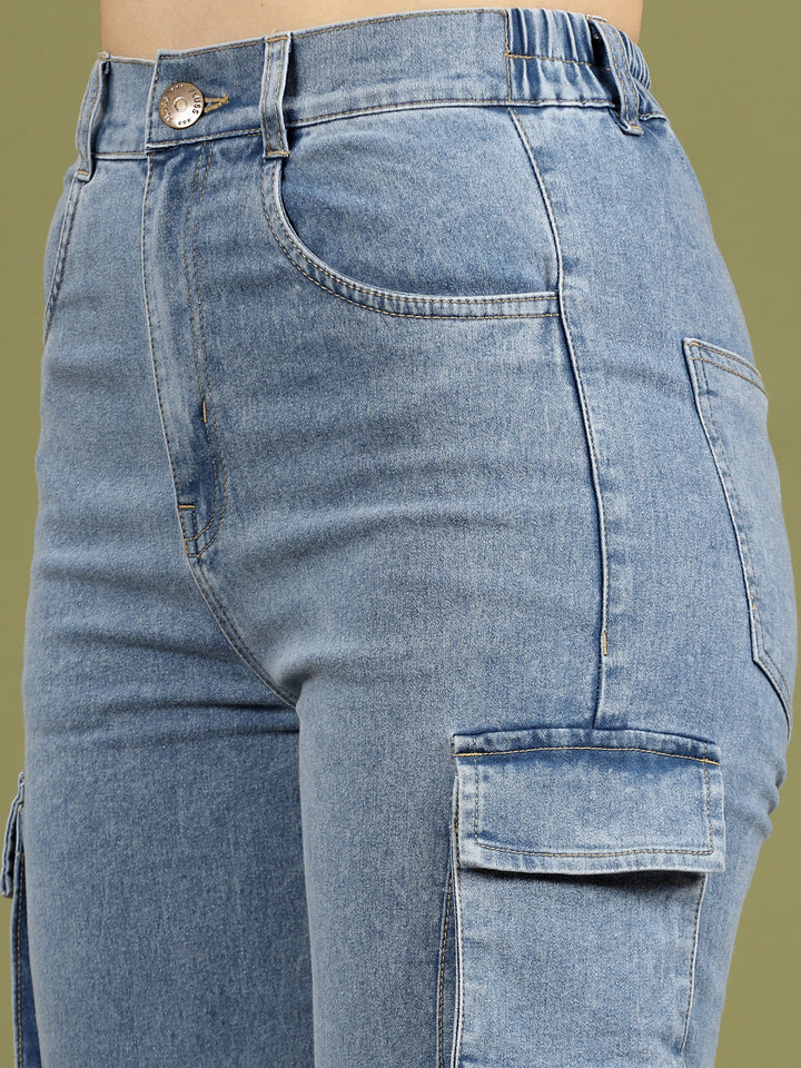 Women Blue High-Rise Clean Look Cotton Cargo Style Jeans