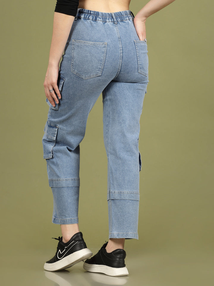 Women Blue High-Rise Clean Look Cotton Cargo Style Jeans