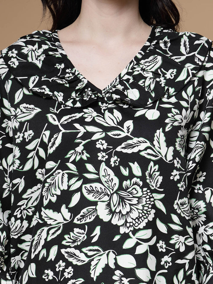 Black Floral Printed V-Neck Puff Sleeves Top