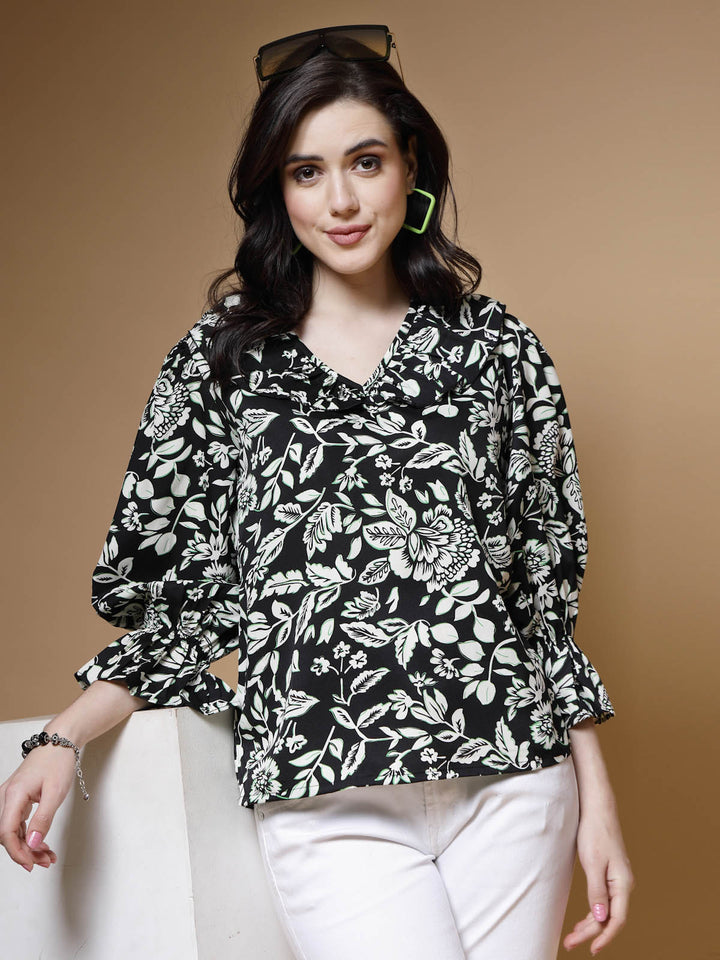 Black Floral Printed V-Neck Puff Sleeves Top