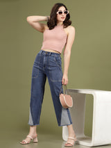 Women Blue High-Rise Clean Look Frayed Hem Cotton Jeans