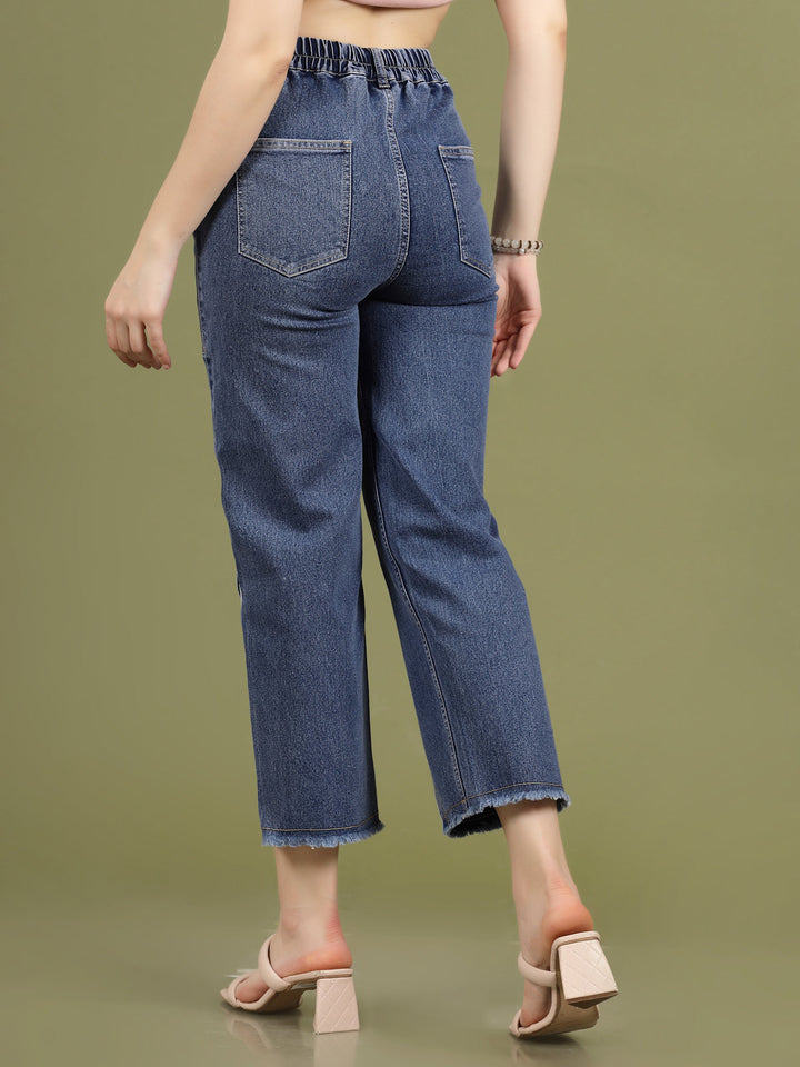 Women Blue High-Rise Clean Look Frayed Hem Cotton Jeans