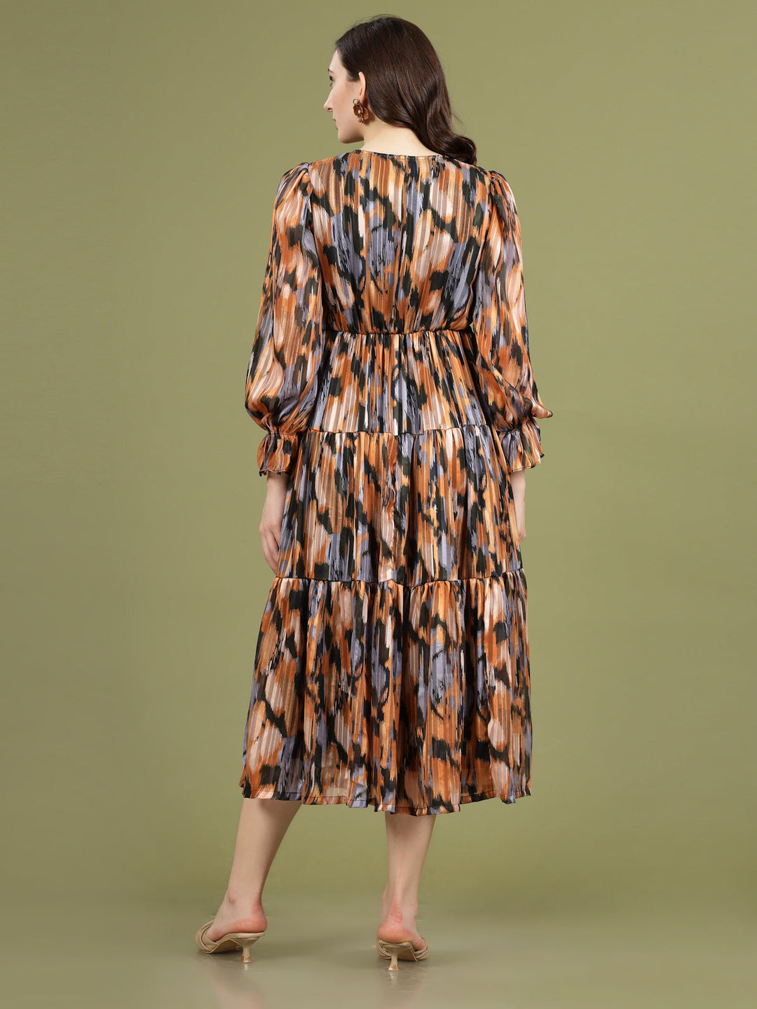 Print Puff Sleeve A-Line Midi Dress