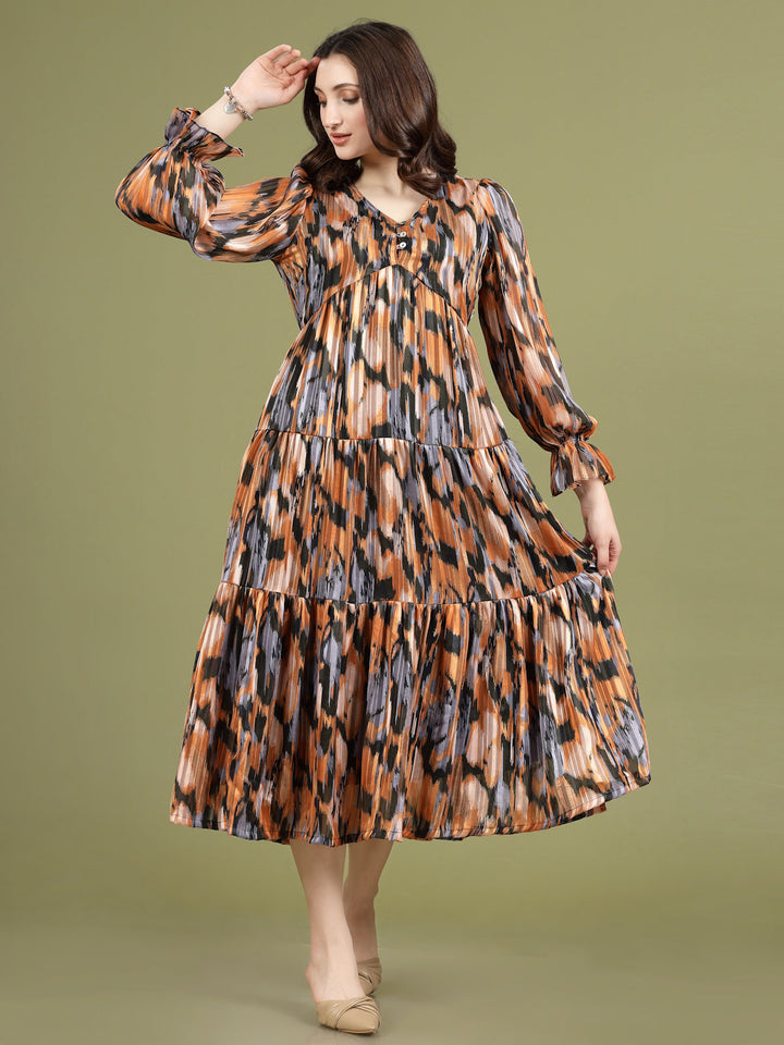 Print Puff Sleeve A-Line Midi Dress