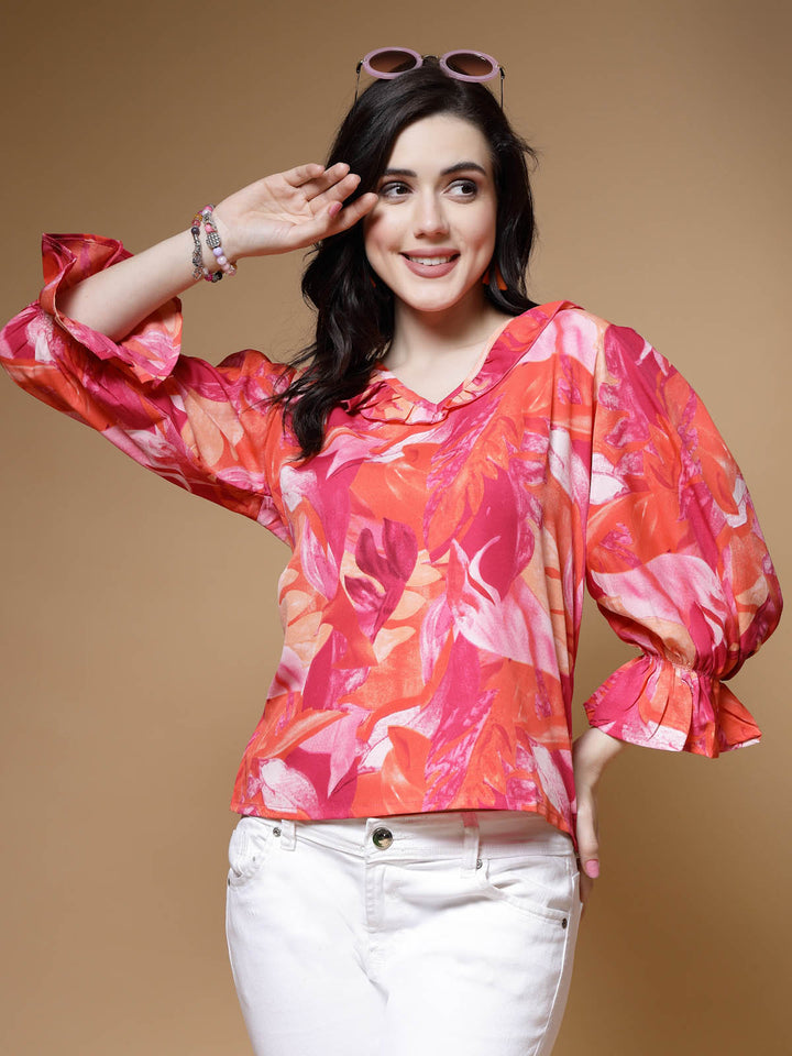 Abstract Printed Bell Sleeve Regular Top