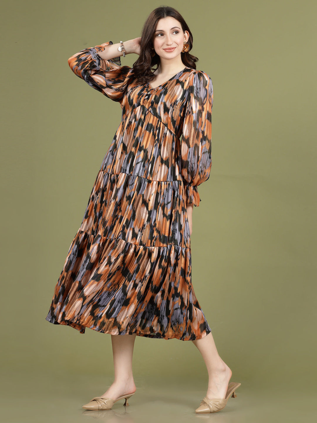 Print Puff Sleeve A-Line Midi Dress