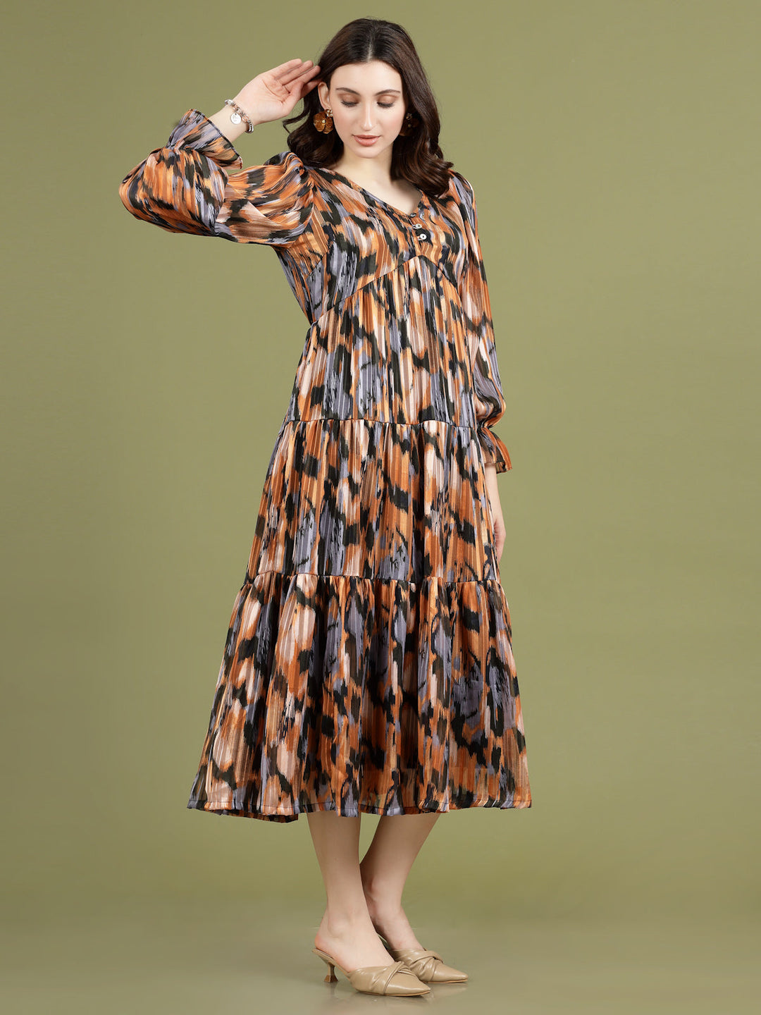 Print Puff Sleeve A-Line Midi Dress