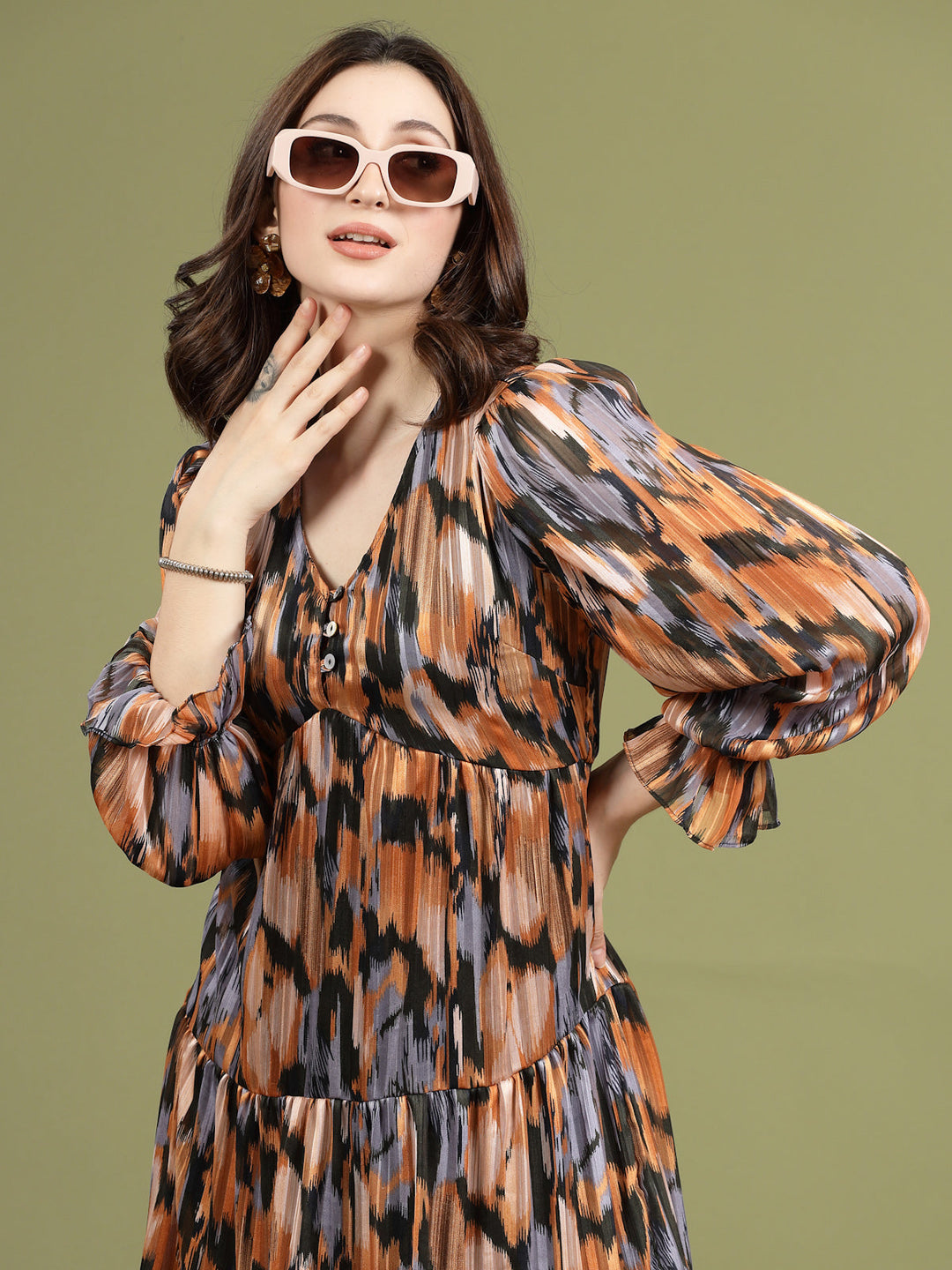 Print Puff Sleeve A-Line Midi Dress