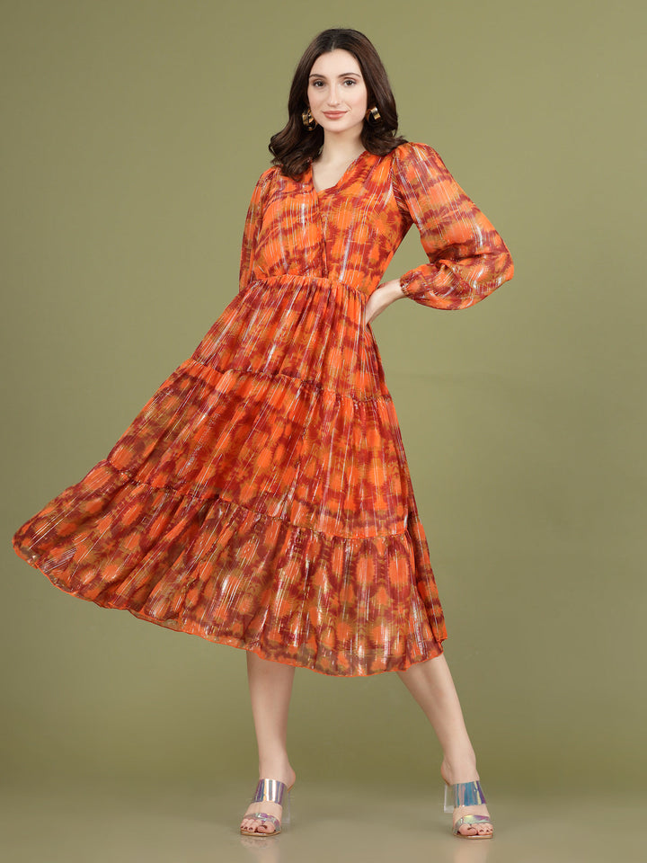 Print Bell Sleeve A-Line Midi Dress