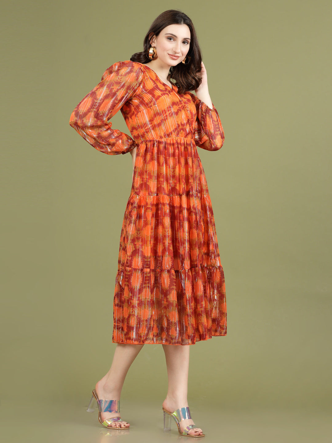 Print Bell Sleeve A-Line Midi Dress