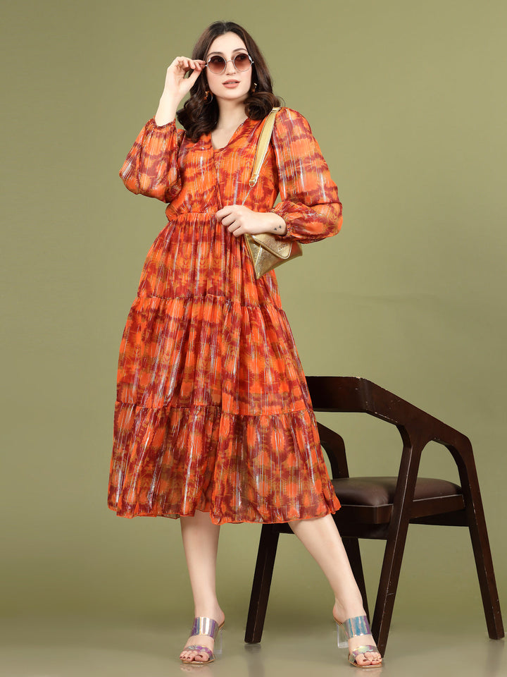 Print Bell Sleeve A-Line Midi Dress