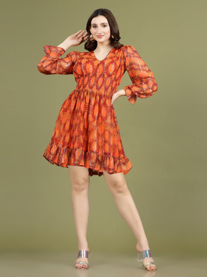 Print Puff Sleeve Fit & Flare Dress