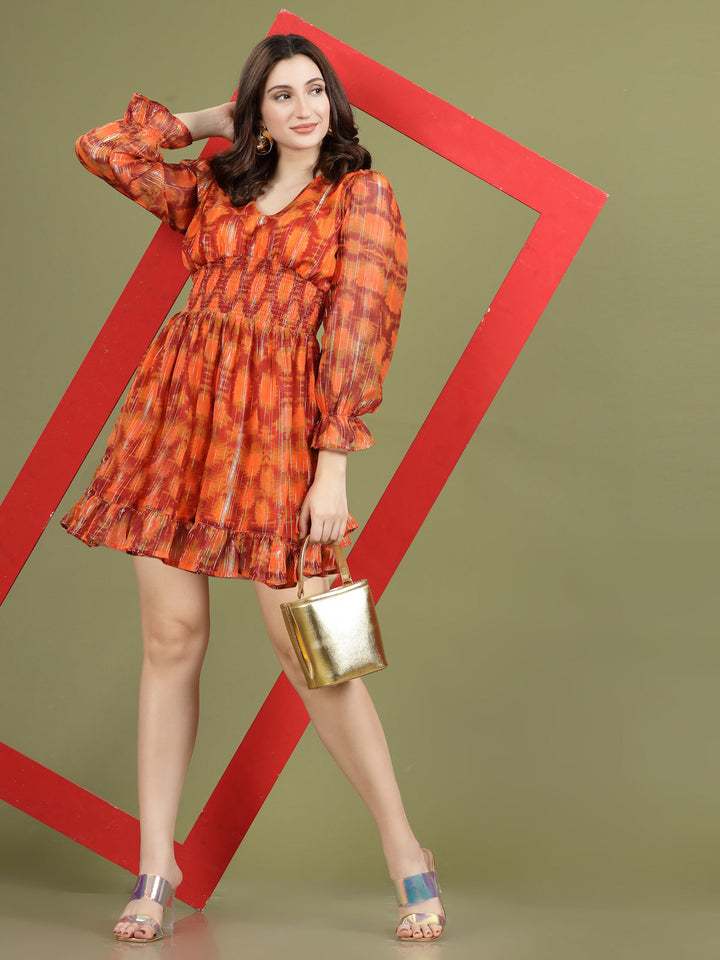 Print Puff Sleeve Fit & Flare Dress