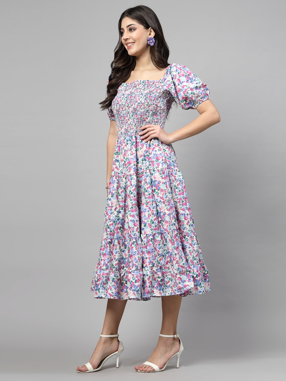 White Floral Printed Smocked Tiered Fit  Flare Midi Dress