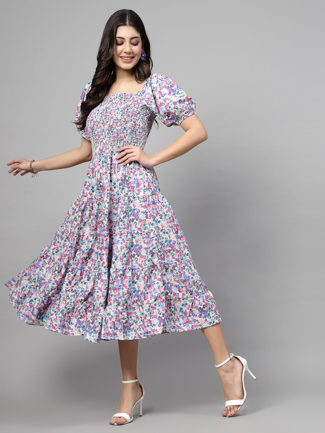 White Floral Printed Smocked Tiered Fit  Flare Midi Dress