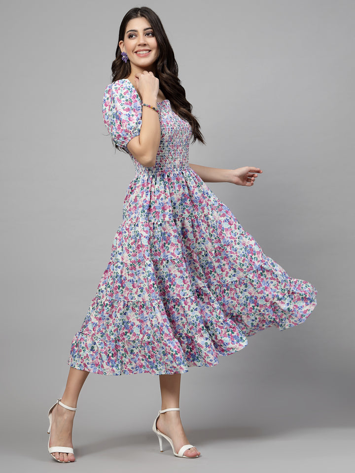 White Floral Printed Smocked Tiered Fit  Flare Midi Dress