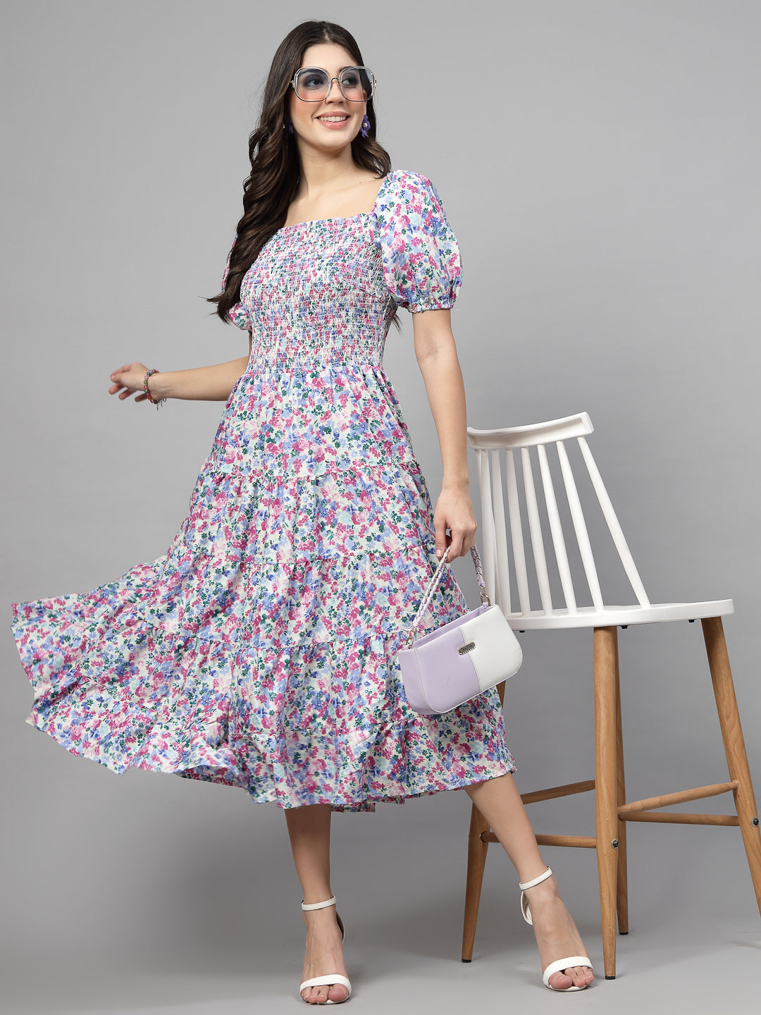 White Floral Printed Smocked Tiered Fit  Flare Midi Dress