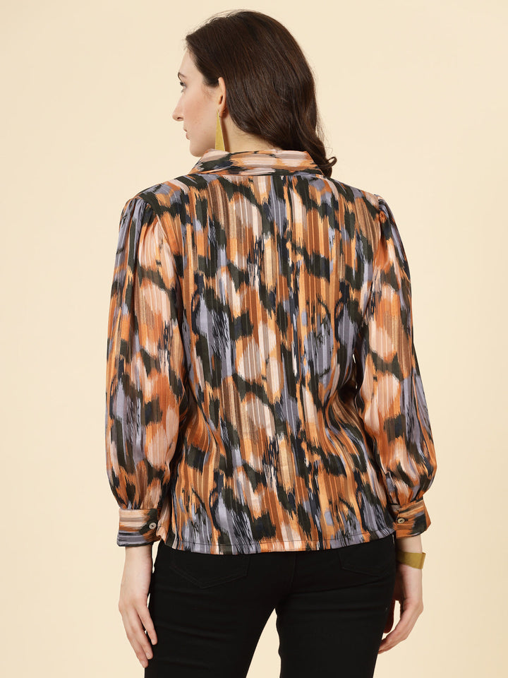 Orange Spread Collar Semi Sheer Printed Casual Shirt