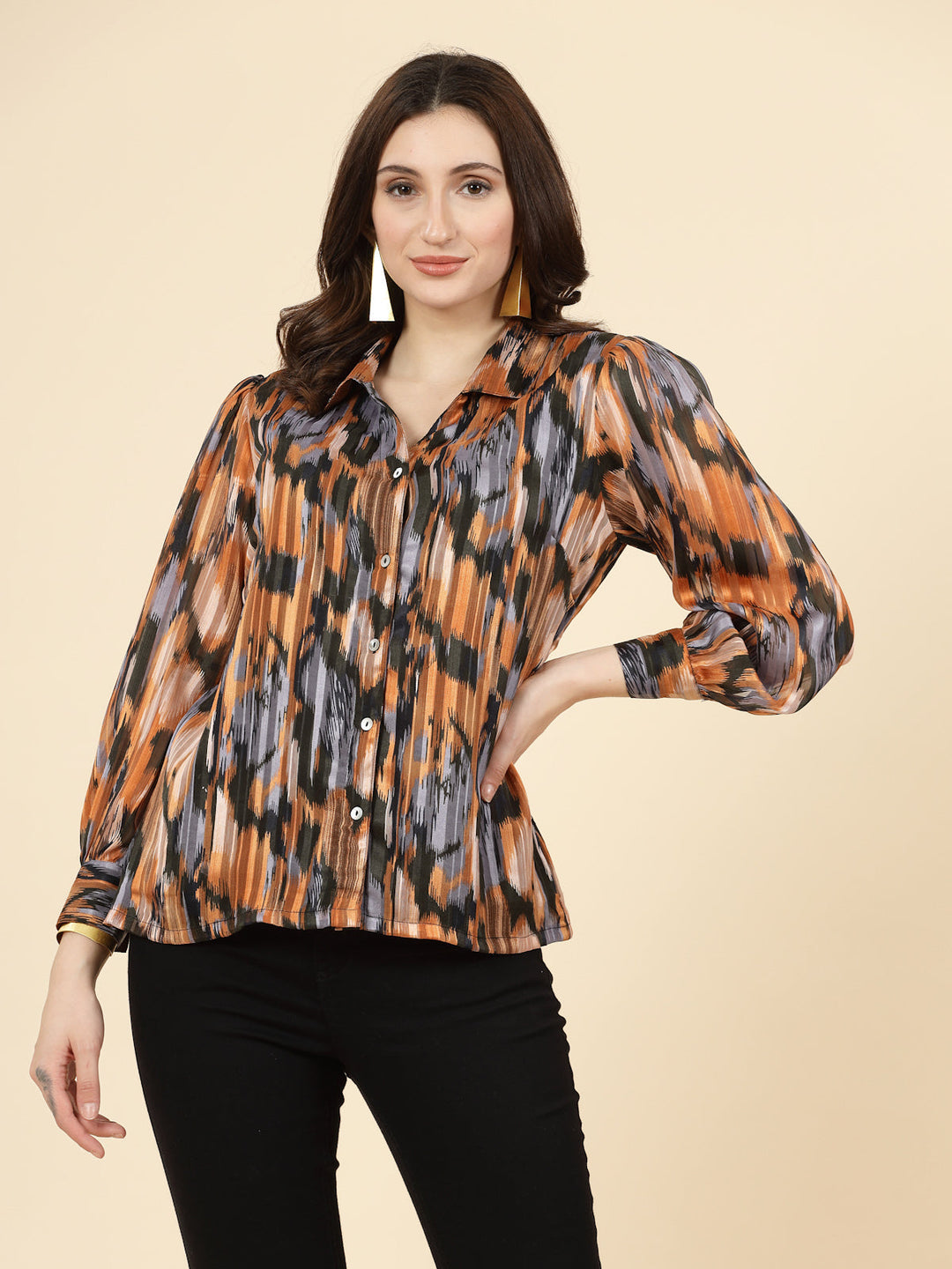 Orange Spread Collar Semi Sheer Printed Casual Shirt