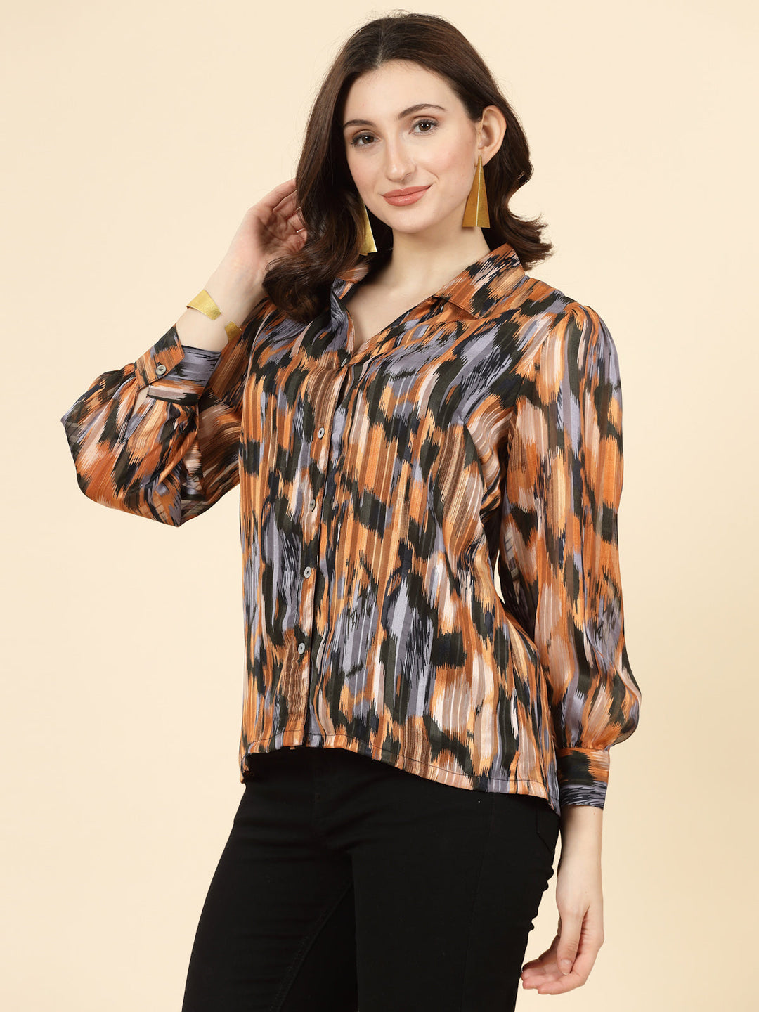 Orange Spread Collar Semi Sheer Printed Casual Shirt