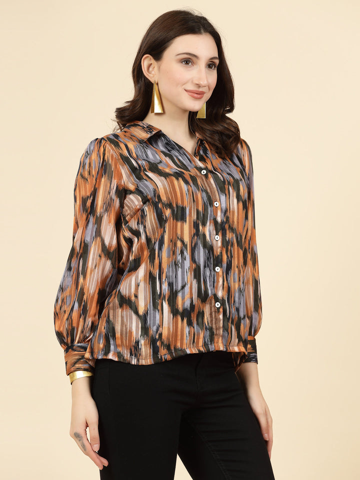 Orange Spread Collar Semi Sheer Printed Casual Shirt