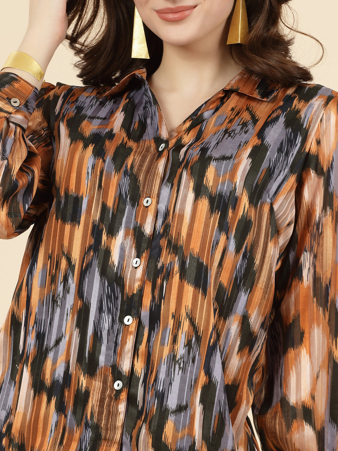 Orange Spread Collar Semi Sheer Printed Casual Shirt