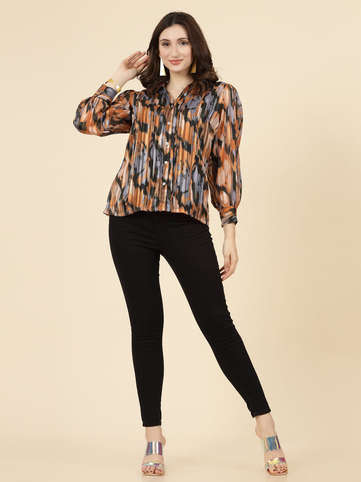 Orange Spread Collar Semi Sheer Printed Casual Shirt