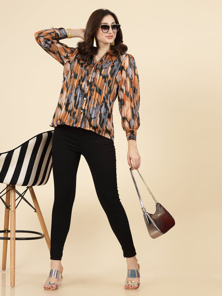 Orange Spread Collar Semi Sheer Printed Casual Shirt