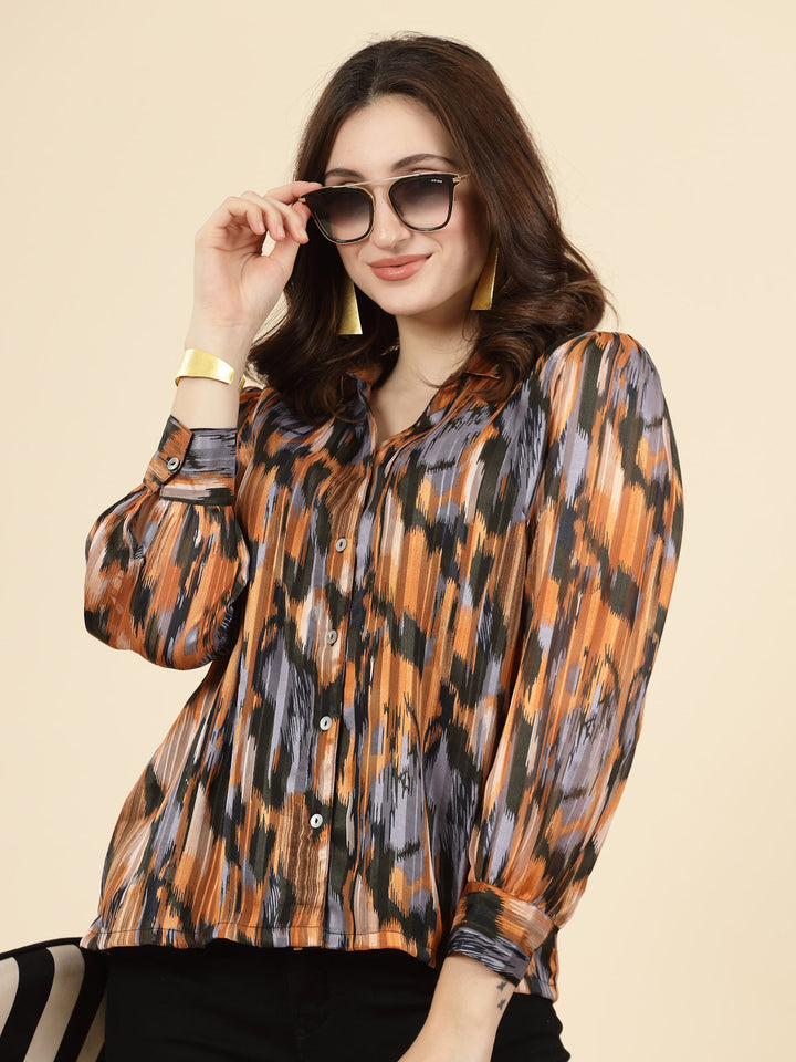 Orange Spread Collar Semi Sheer Printed Casual Shirt