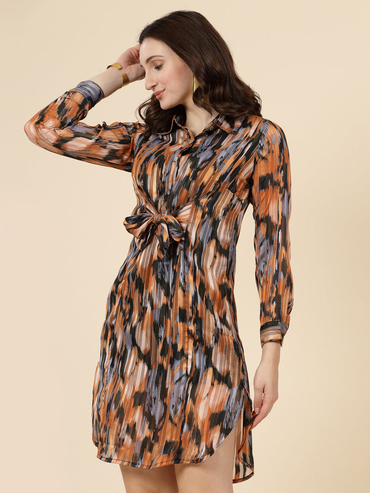 Abstract Print Cuffed Sleeves Shirt Style Dress