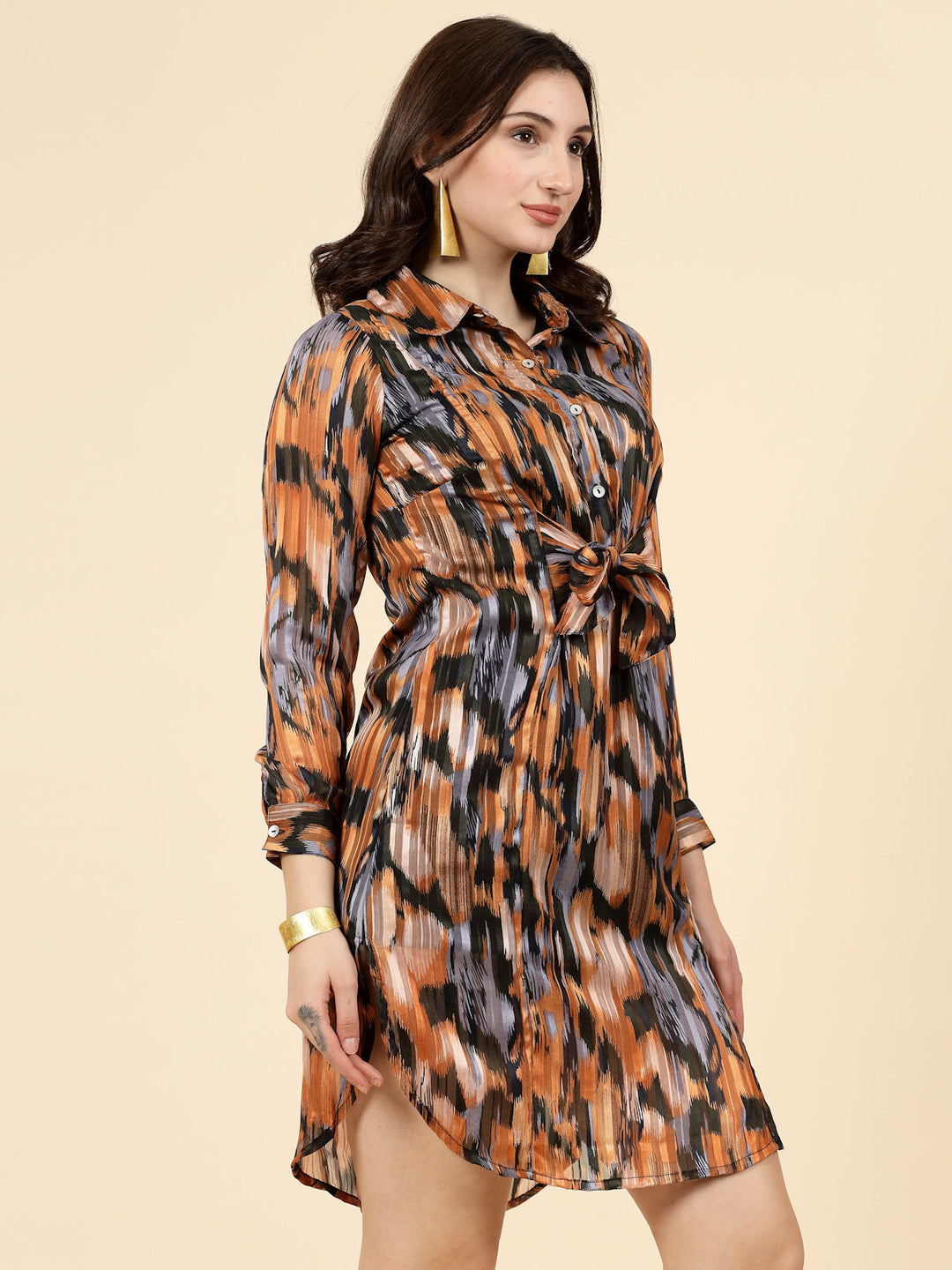 Abstract Print Cuffed Sleeves Shirt Style Dress