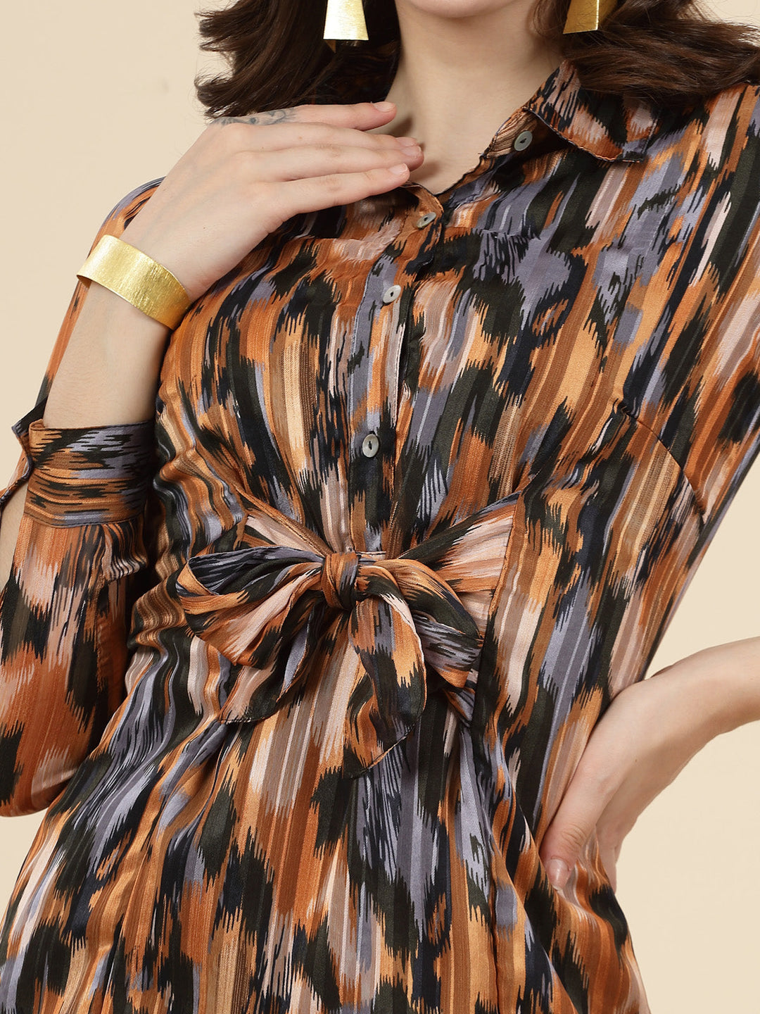 Abstract Print Cuffed Sleeves Shirt Style Dress