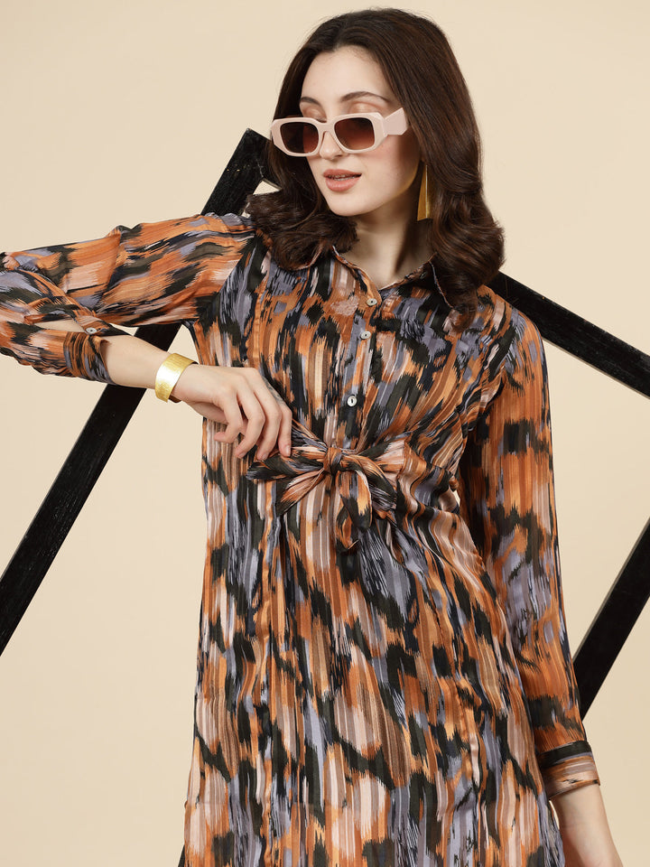 Abstract Print Cuffed Sleeves Shirt Style Dress