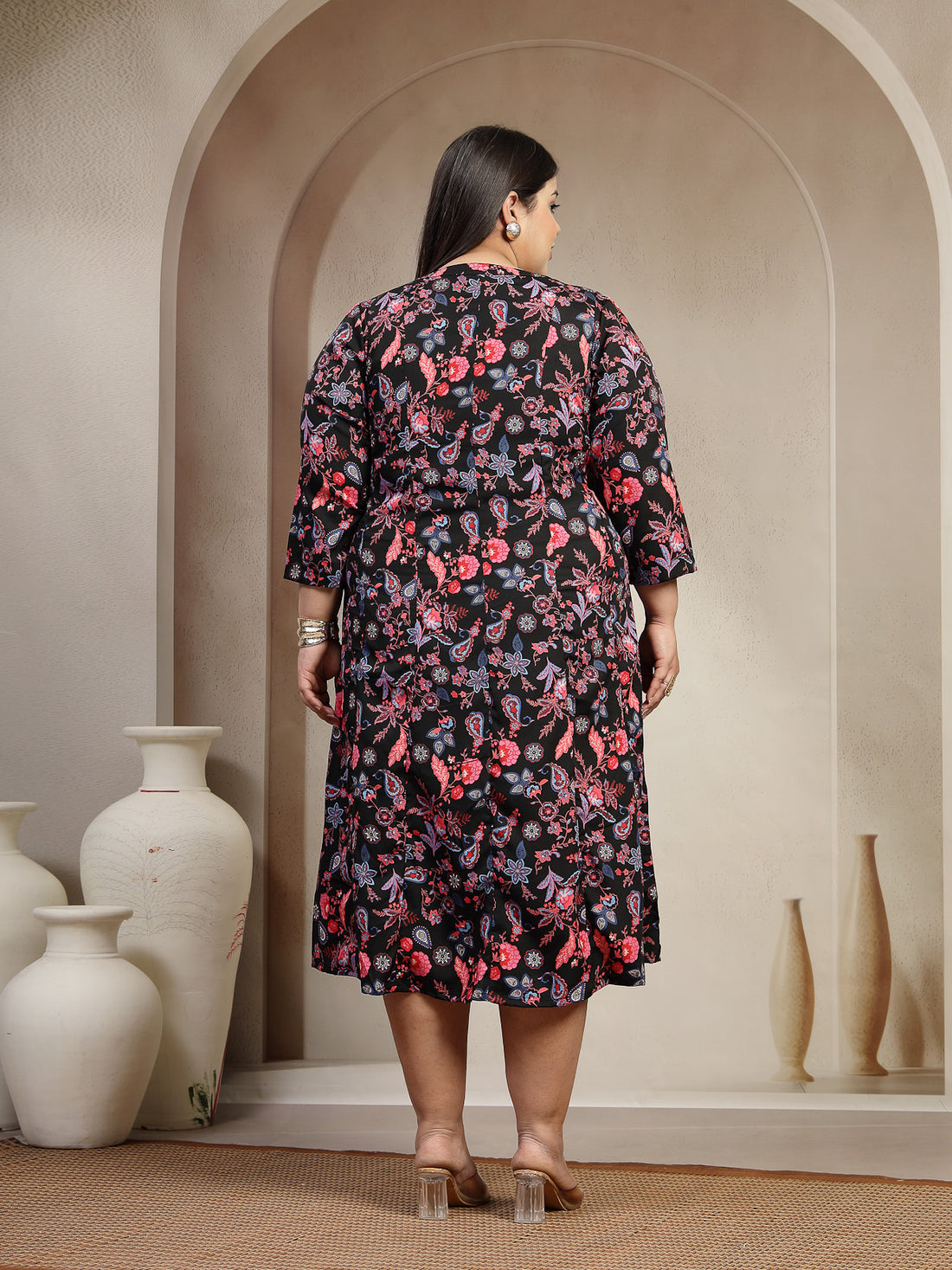 Plus Size Women Floral Print Fit & Flare Dress