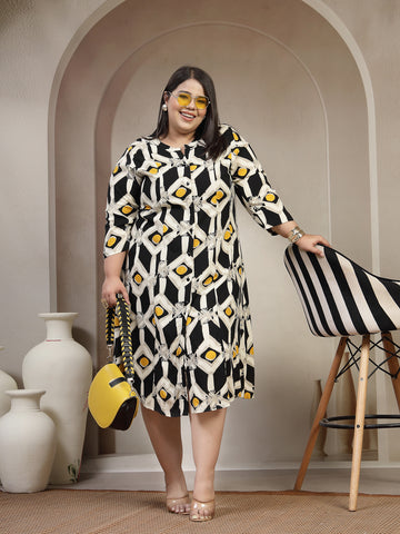 Plus Size Women Geometric Printed Mandarin Collar A-Line Knee Length Dress