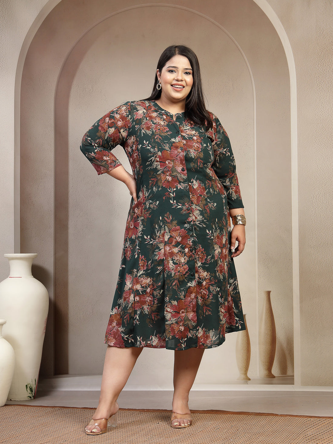 Plus Size Floral Printed Mandarin Collar Shirt Dress