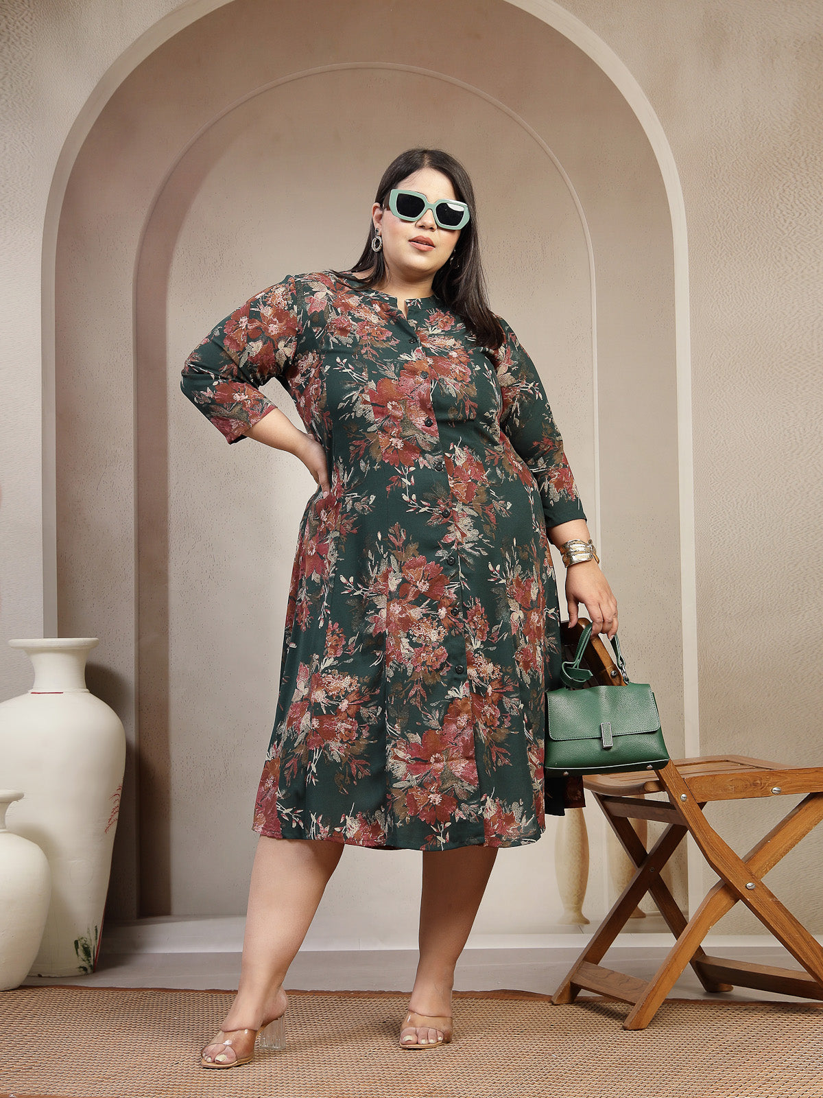 Plus Size Floral Printed Mandarin Collar Shirt Dress