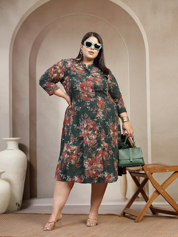 Plus Size Floral Printed Mandarin Collar Shirt Dress