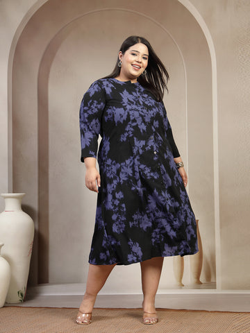 Plus Size Floral Printed Mandarin Collar Shirt Dress