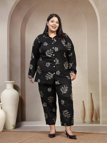 Plus Size Floral Printed Long Sleeves Shirt With Trouser