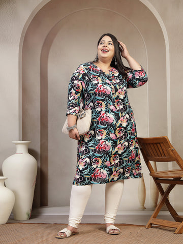 Plus Size Mandarin Collar Abstract Printed Kurta