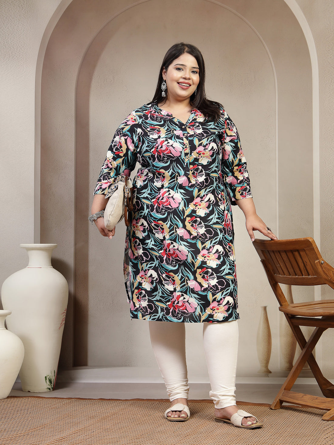 Plus Size Mandarin Collar Abstract Printed Kurta