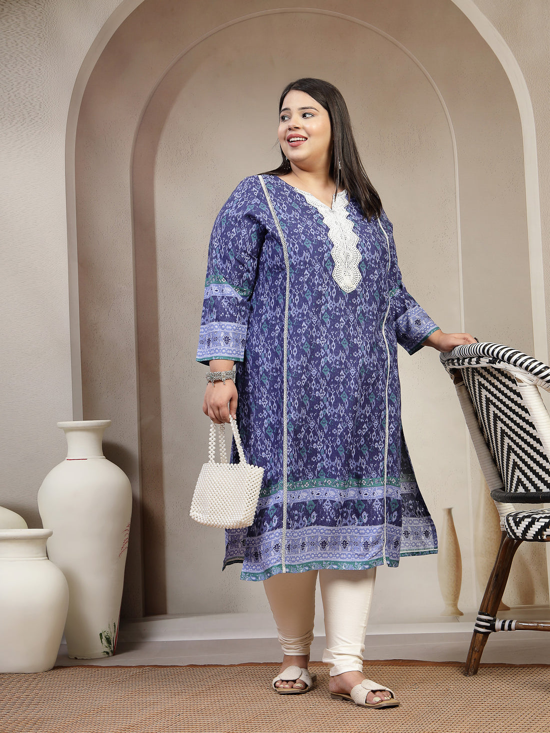 Plus Size Women Geometric Printed Daily Straight Kurta