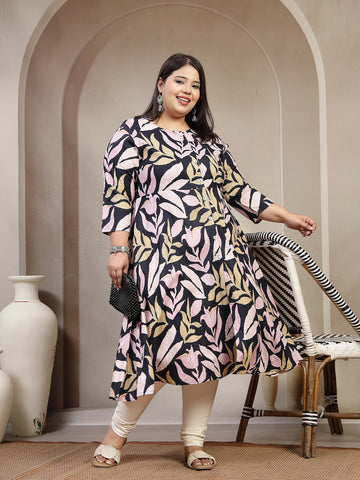 Plus Size Ethnic Motifs Printed Mandarin Collar A-Line Regular Kurta