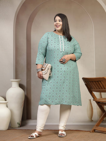 Plus Size Abstract Printed Thread Work Kurta