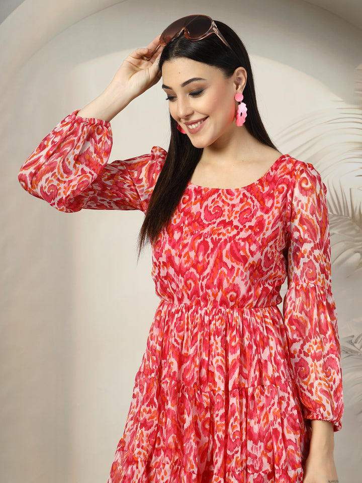 Women Print Puff Sleeve Fit & Flare Dress