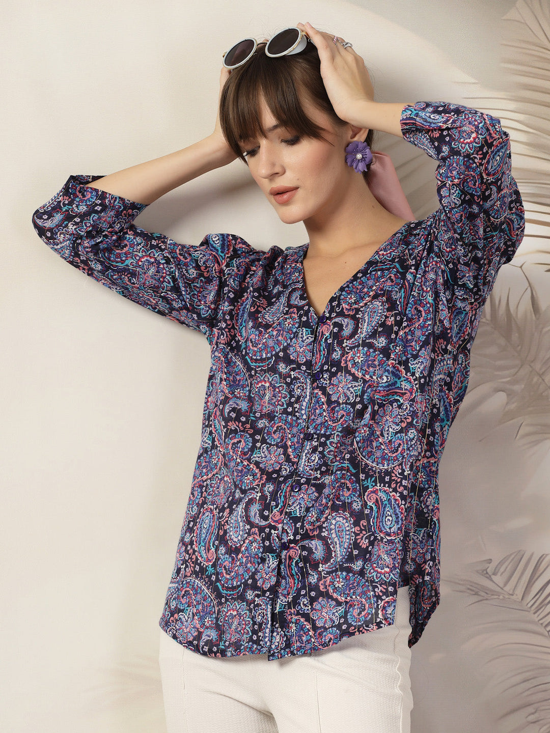 Floral Print Cotton Shirt Style Top