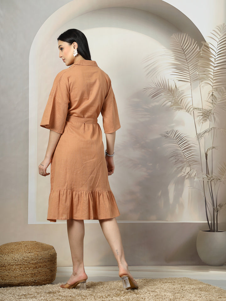 Shirt Collar Flared Sleeves Belted Cotton A-Line Dress