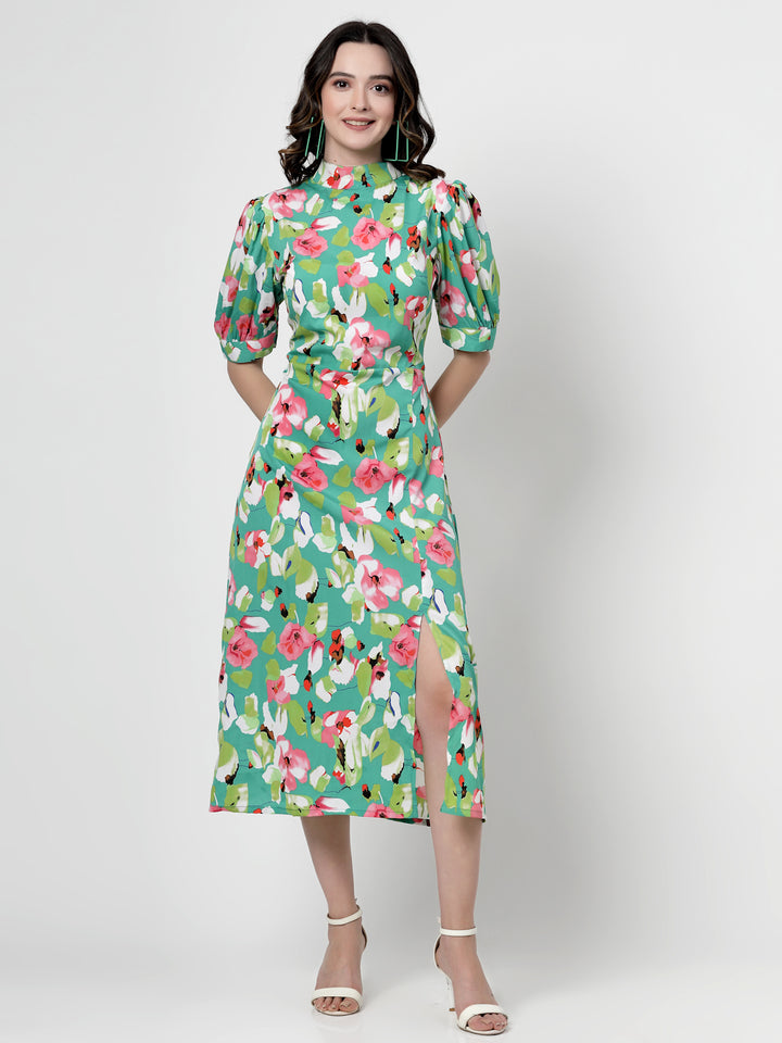 Floral Print Puff Sleeve Shirt Midi Dress